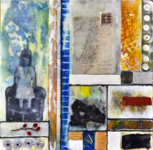 Memory Transfer: Longing, Beeswax encaustic & mixed media on wood, 2012, 12" x 12" x 2"