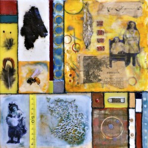 Beeswax encaustic, photo transfers & mixed-media on wood panel, 2012, 12" x 12" x 2"