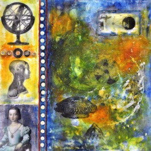 Memory Transfer: Loss & Discovery, Beeswax encaustic & mixed media on wood, 2013, 16" x 16" x 2"