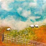 Landscape - Summer Sheep, Beeswax encaustic & mixed media on wood, 2017, 10" x 10" x 1.5"