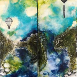Weathered & Worn: The Floating World, Beeswax encaustic & mixed media on wood, 2017, 12" x 12" x 1"